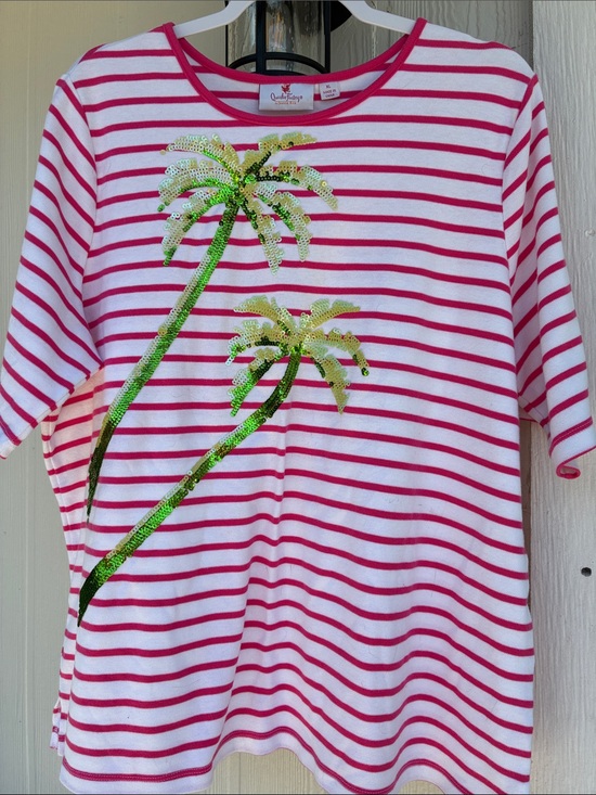 Quacker Factory Tops - Quacker Factory Sequins Palm Tree Striped Tee